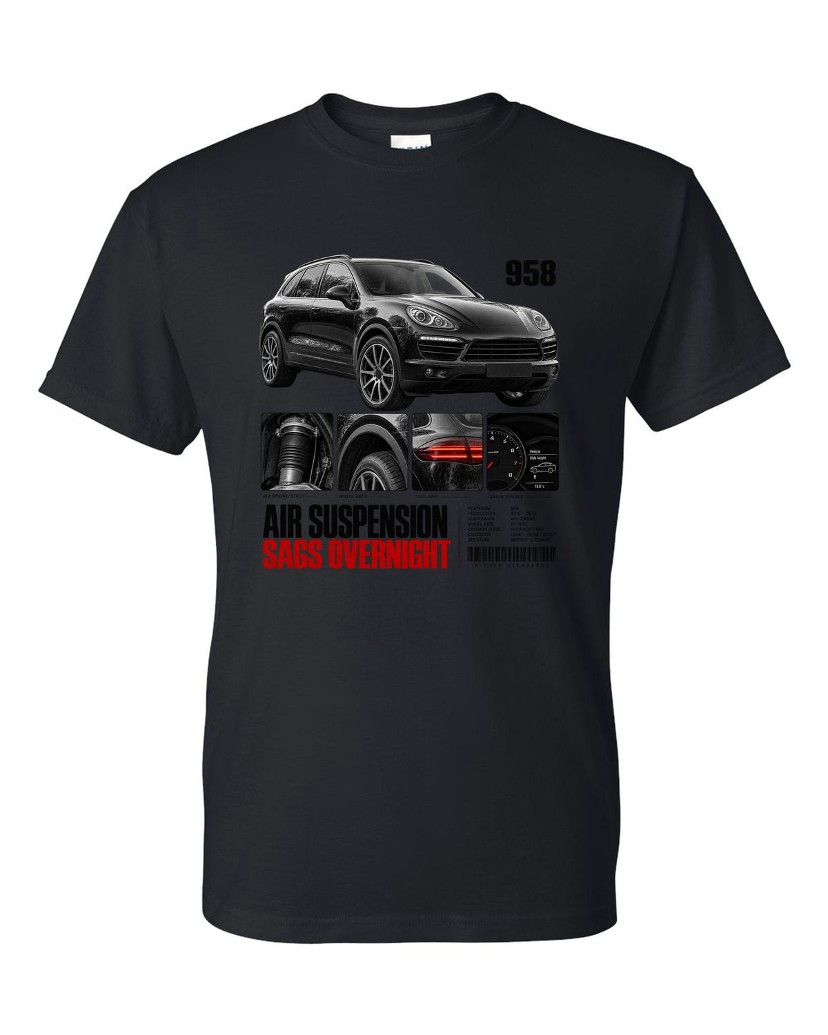 Dossier panel print of a Porsche Cayenne 958 with air suspension sags overnight caption black t-shirt front view with the design