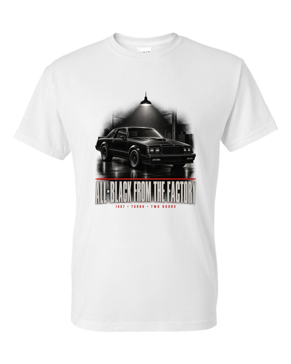 1987 Buick Grand National garage night scene print with all-black text white t-shirt front view with the design