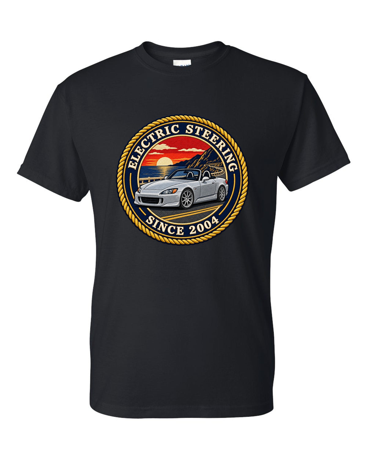 Embroidery-style round crest print of a 2004 Honda S2000 AP2 roadster black t-shirt front view with the design