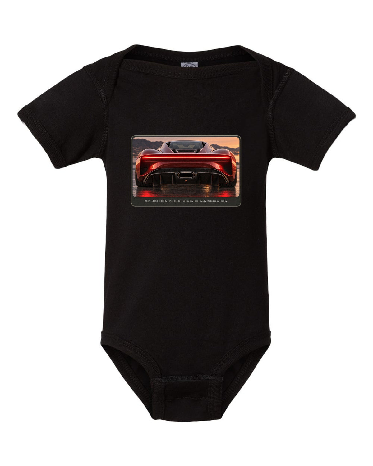 Bugatti Chiron rear light strip and oval exhaust macro print black baby onesie front view with the design