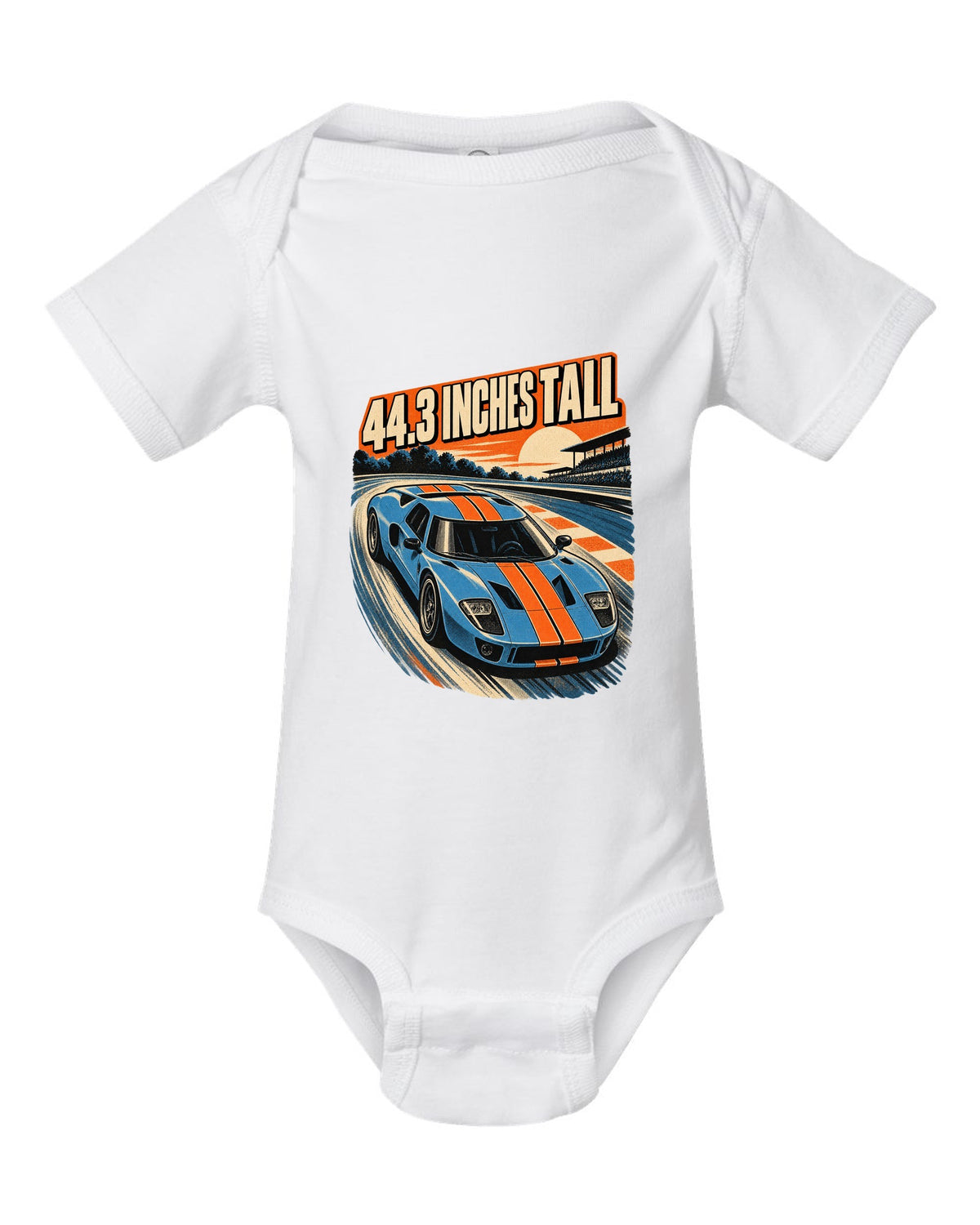 Ford GT 2005 overhead in a retro 1960s Le Mans poster print white baby onesie front view with the design