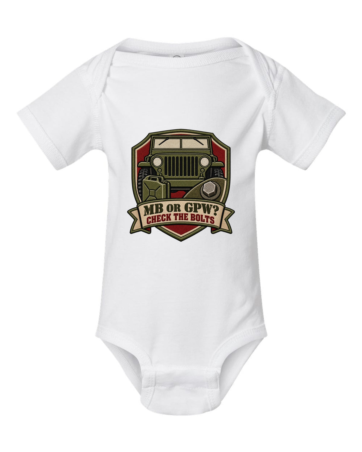 Embroidery-style service crest print of a Willys MB and Ford GPW with bolts text white baby onesie front view with the design