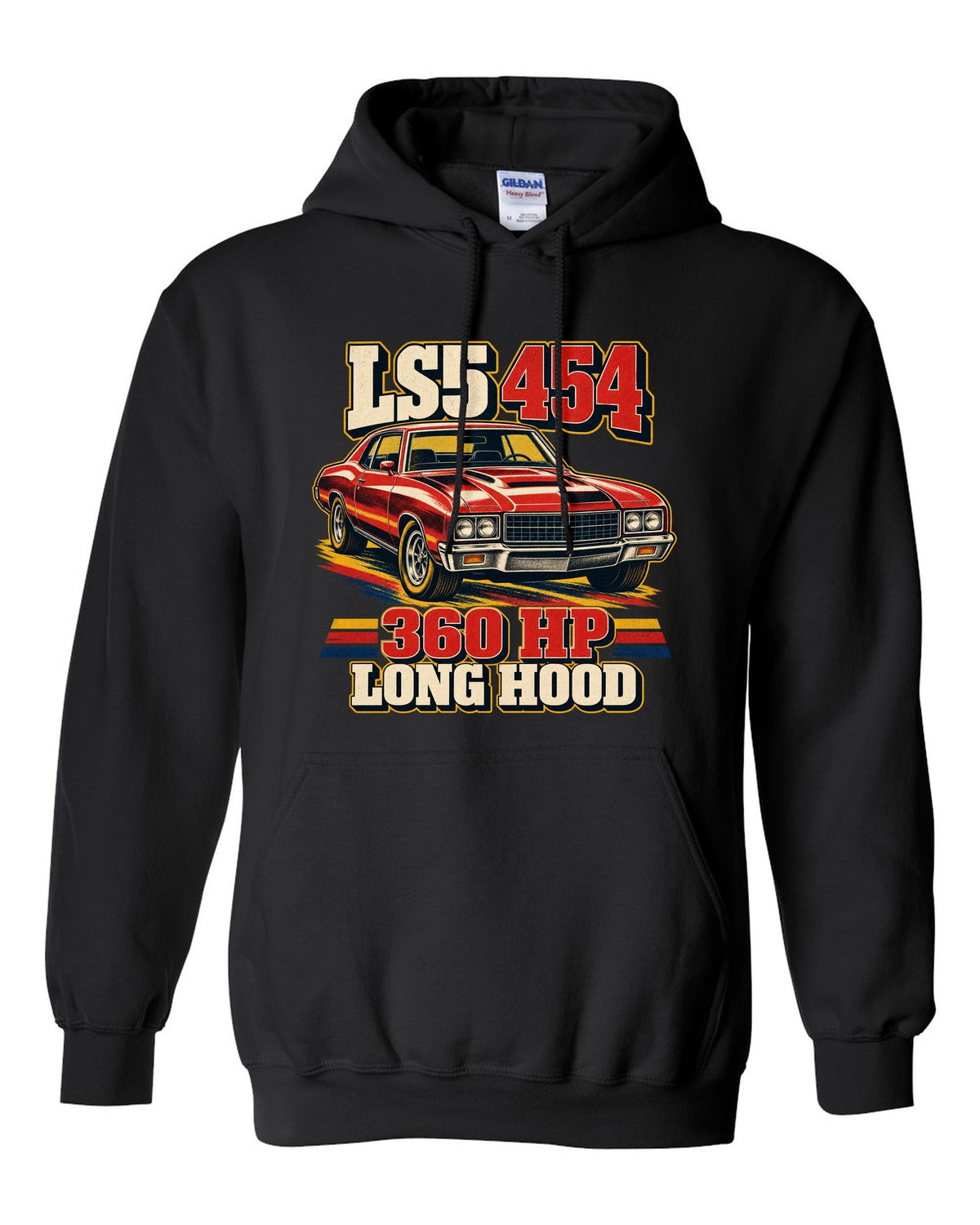 Vintage race poster print of a 1970 Chevrolet Monte Carlo SS 454 with the text LS5 454, 360 HP, Long Hood black pull over hoodie front view with the design