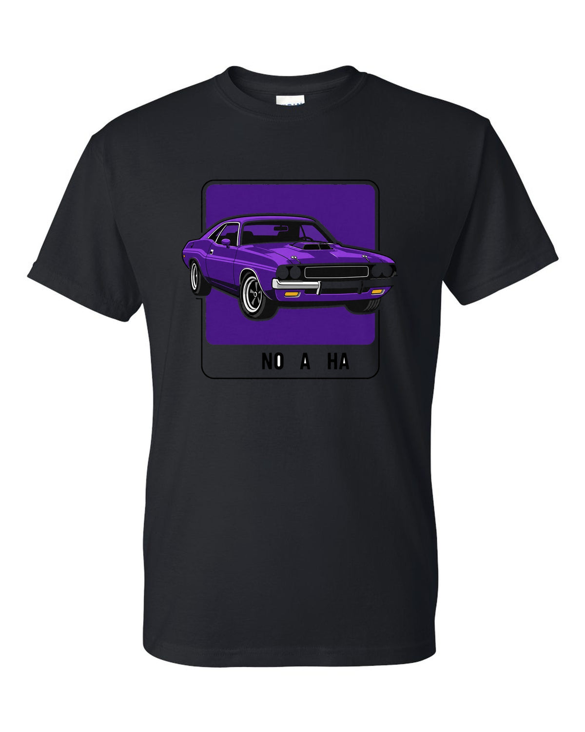 Minimal colour swatch card in Plum Crazy for a 1970 Dodge Challenger R/T with code FC7 black t-shirt front view with the design
