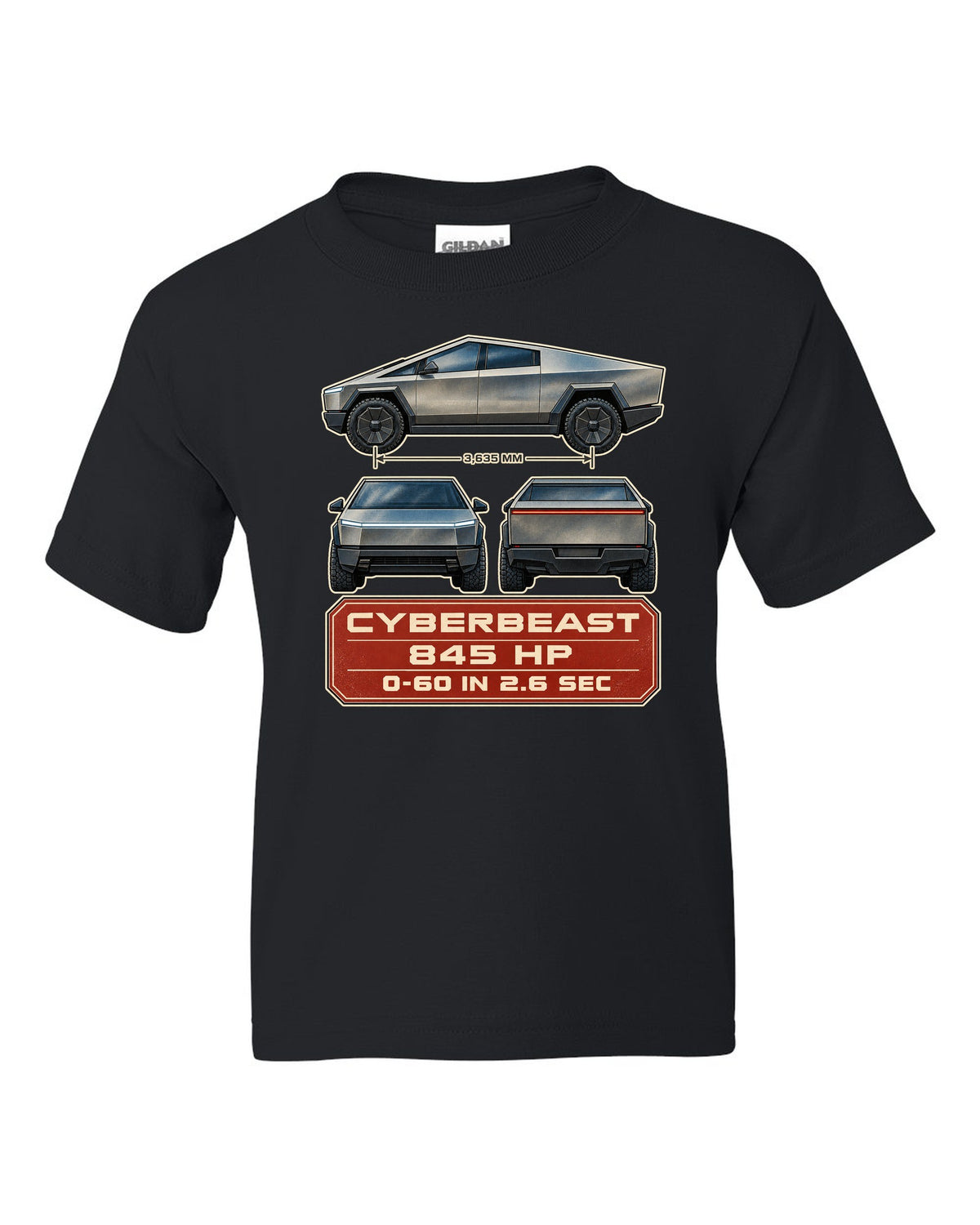 Three-view and spec table print of a Tesla Cybertruck Cyberbeast black kids tee front view with the design
