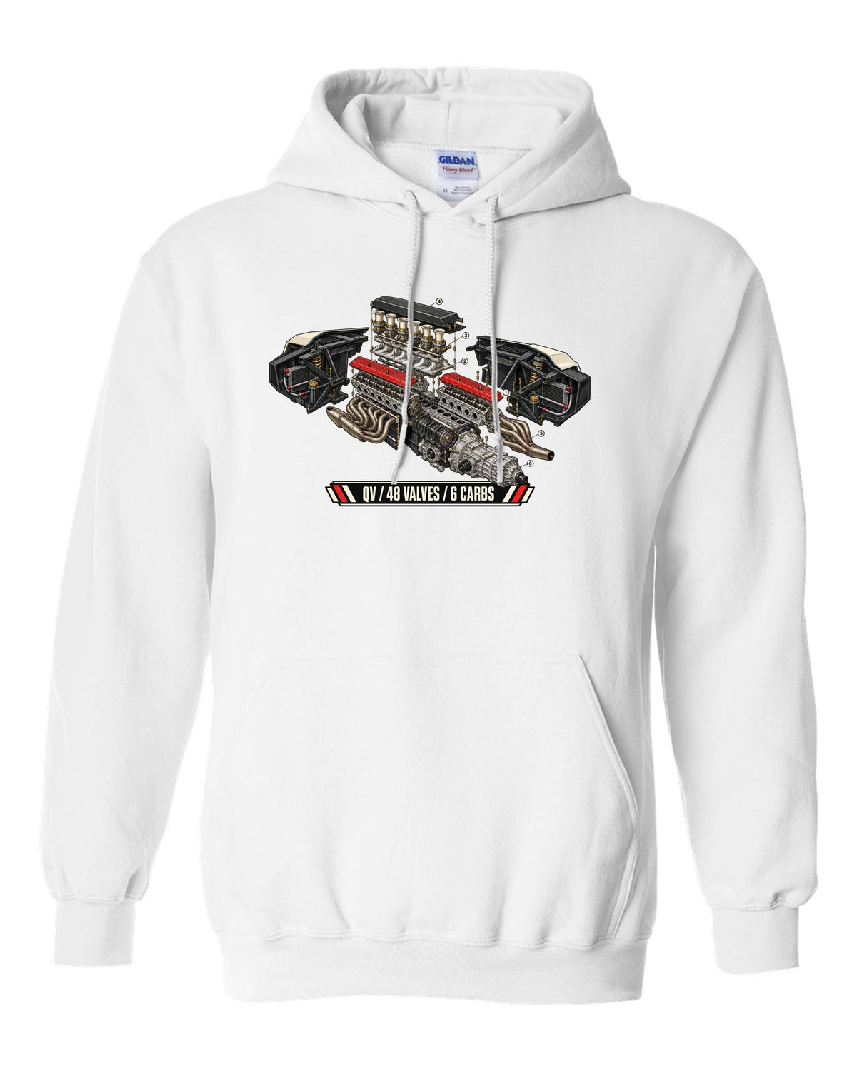 Exploded engine cutaway of a 1985 Lamborghini Countach LP5000 QV with 48 valves and 6 carbs lettering white pull over hoodie front view with the design