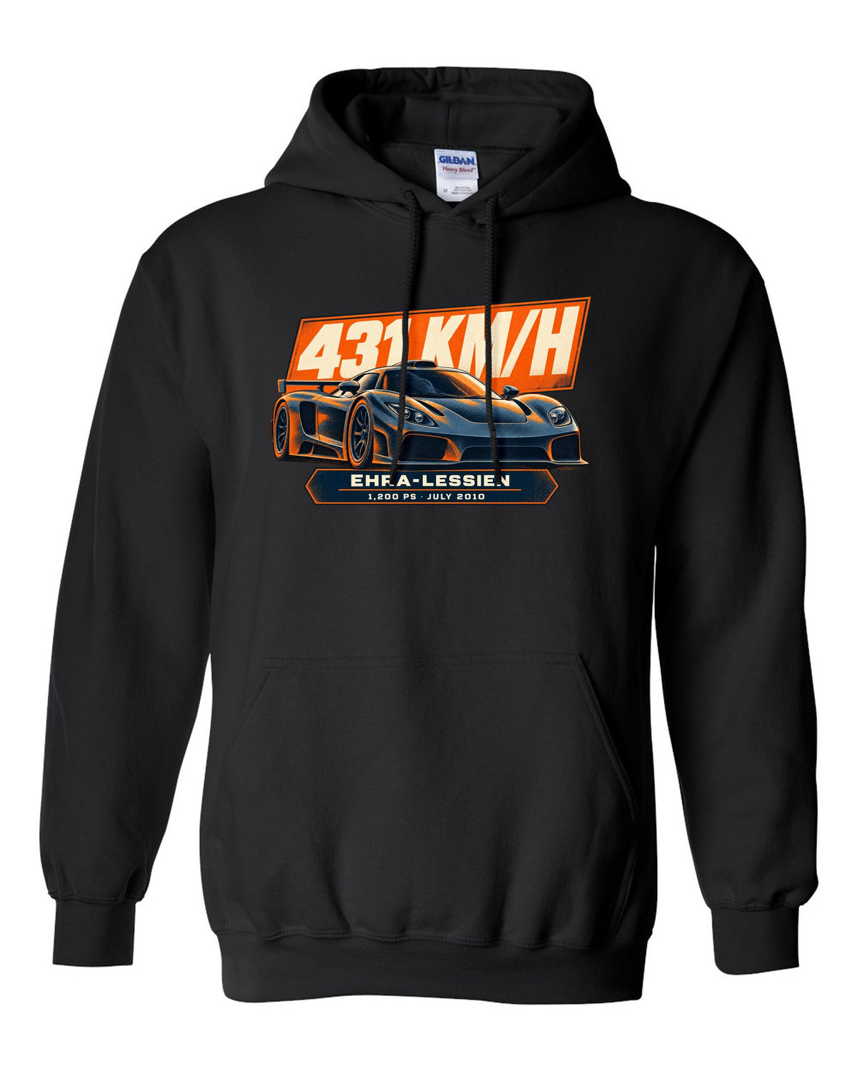 Halftone poster-style Bugatti Veyron 16.4 Super Sport with record-run text on the front of a tee black pull over hoodie front view with the design