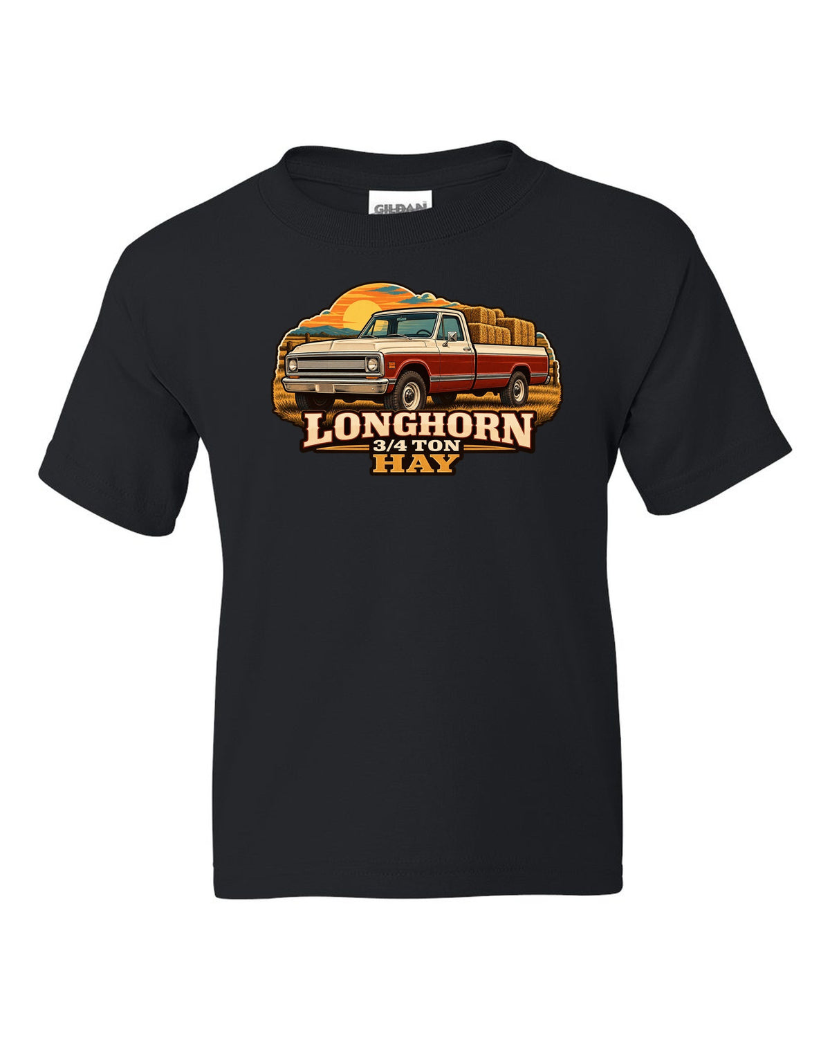 Vintage dealer-ad print of a 1967-72 Chevrolet C20 Longhorn with Longhorn 3/4 Ton Hay text black kids tee front view with the design