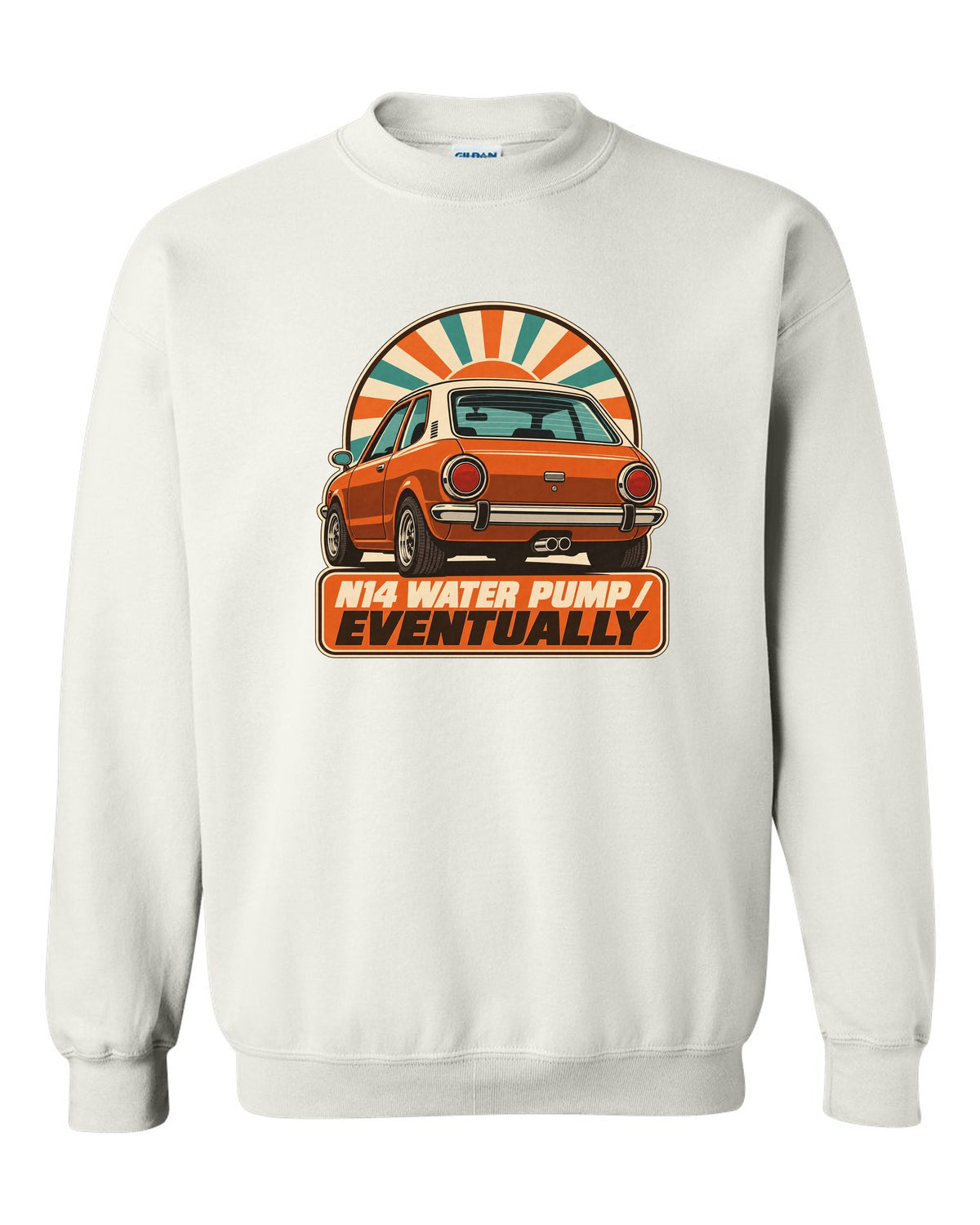 1970s catalogue-style ad of a Mini Cooper S R56 with N14 water pump text white crewneck front view with the design