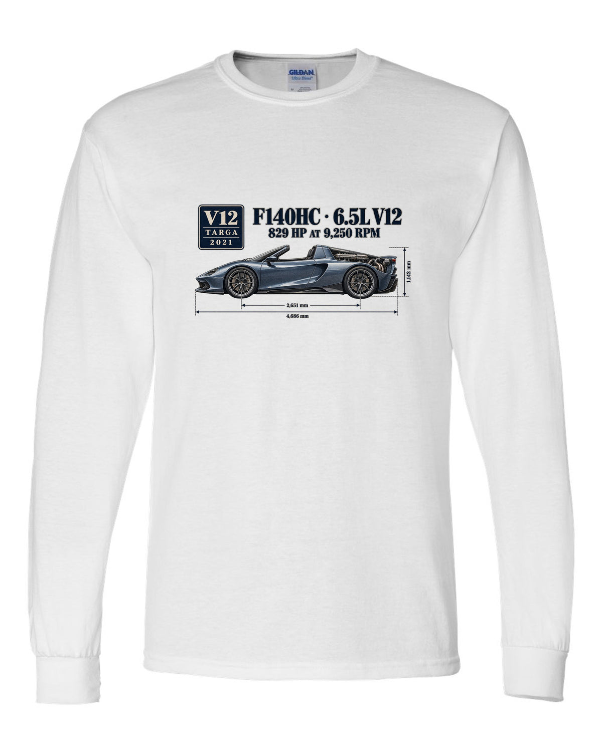 Ferrari Daytona SP3 dimension blueprint print with F140HC 6.5L V12 white long sleeve front view with the design