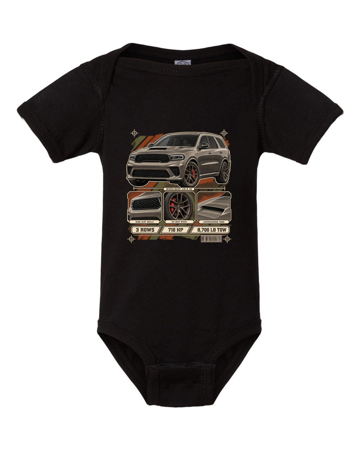 print of a 2021 Dodge Durango SRT Hellcat with spec dossier panels black baby onesie front view with the design