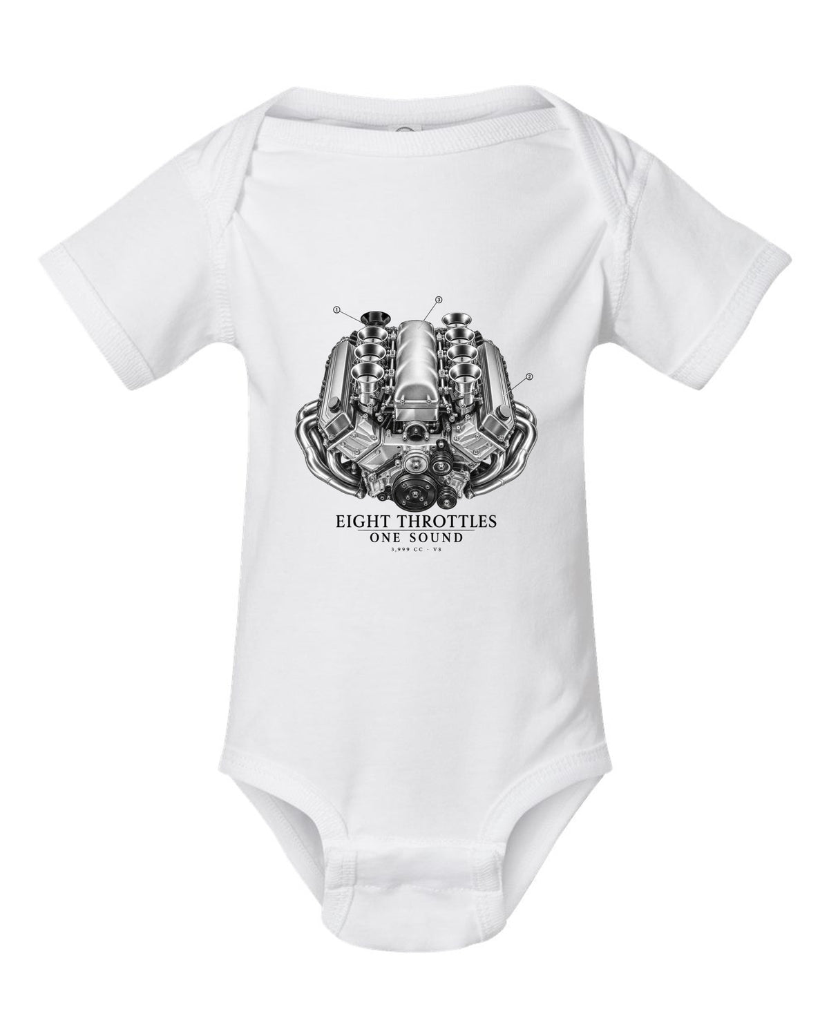 BMW E92 M3 S65 V8 engine illustration print with eight throttles lettering white baby onesie front view with the design