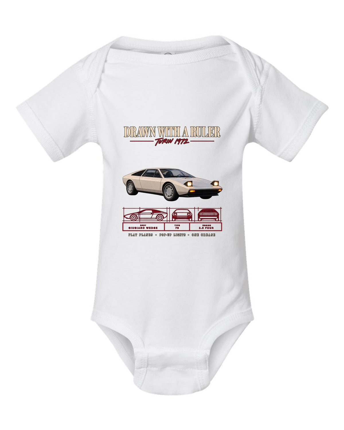 Archive panel print of a 1976 Lotus Esprit S1 Type 79 with Giugiaro wedge text white baby onesie front view with the design