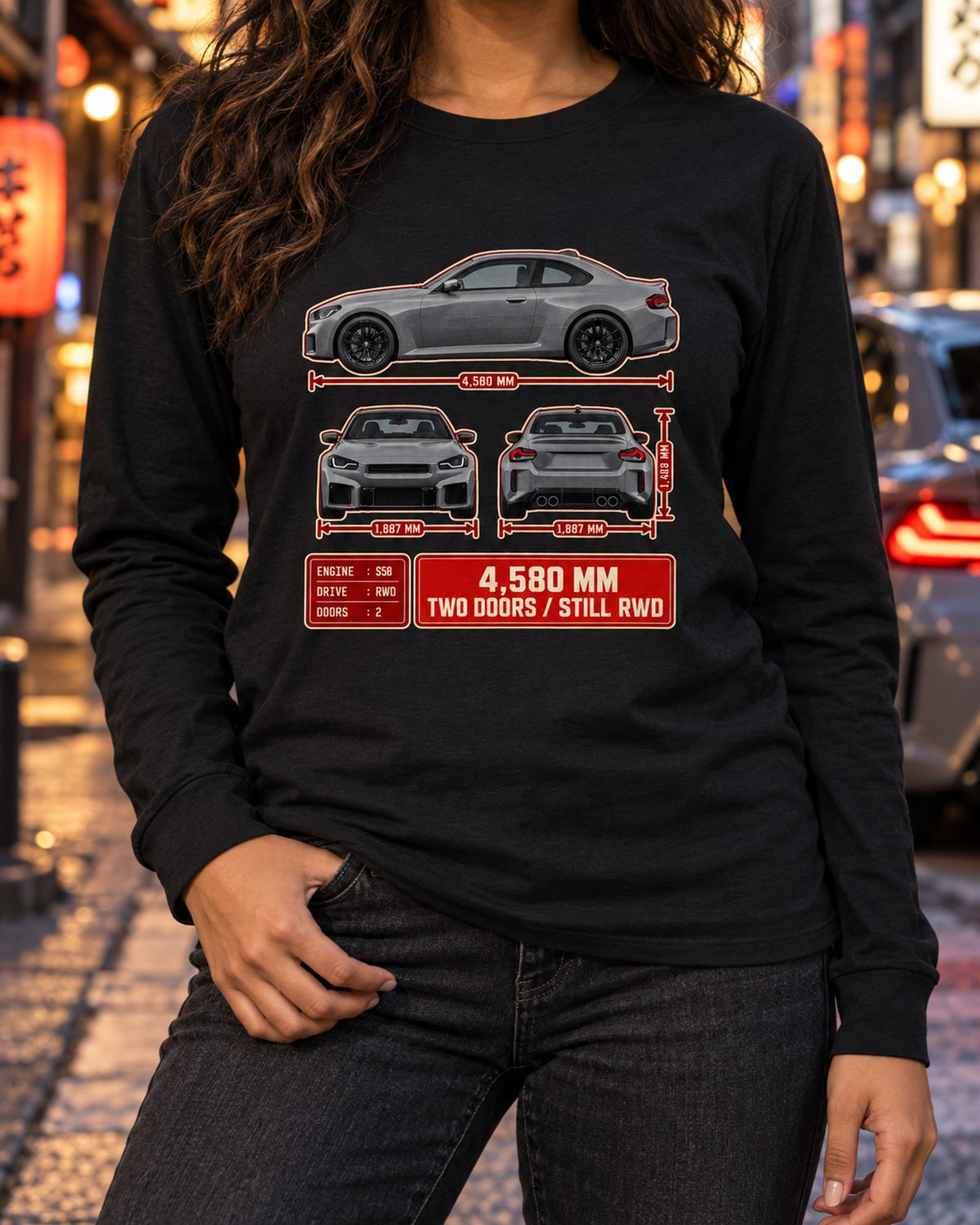 BMW M2 G87 Three-View Spec Tee, 4,580 mm Rear-Drive Car Shirt Long Sleeve Black worn hero
