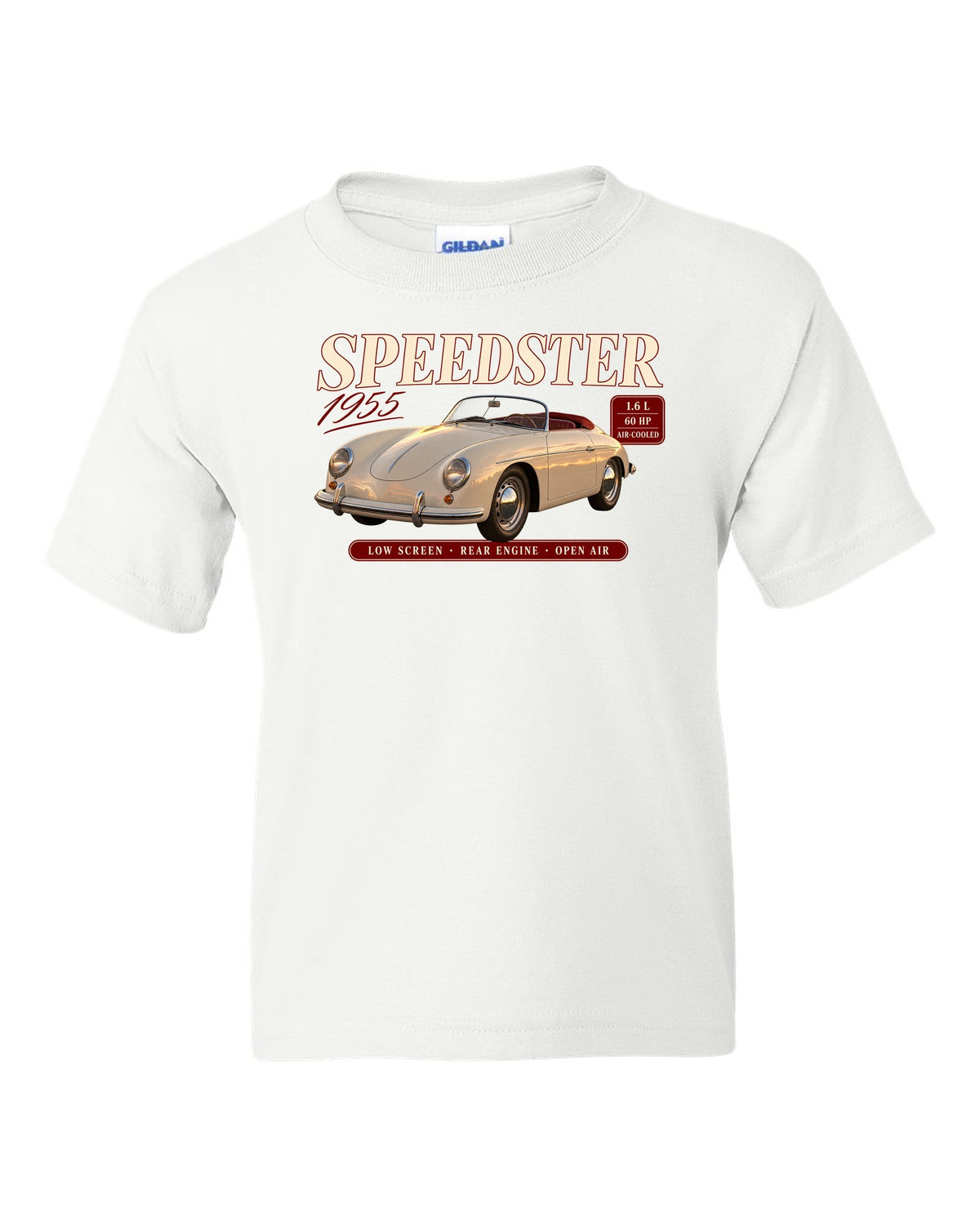 Archive spec panel print for the 1955 Porsche 356 Speedster with low screen and air-cooled specs white kids tee front view with the design