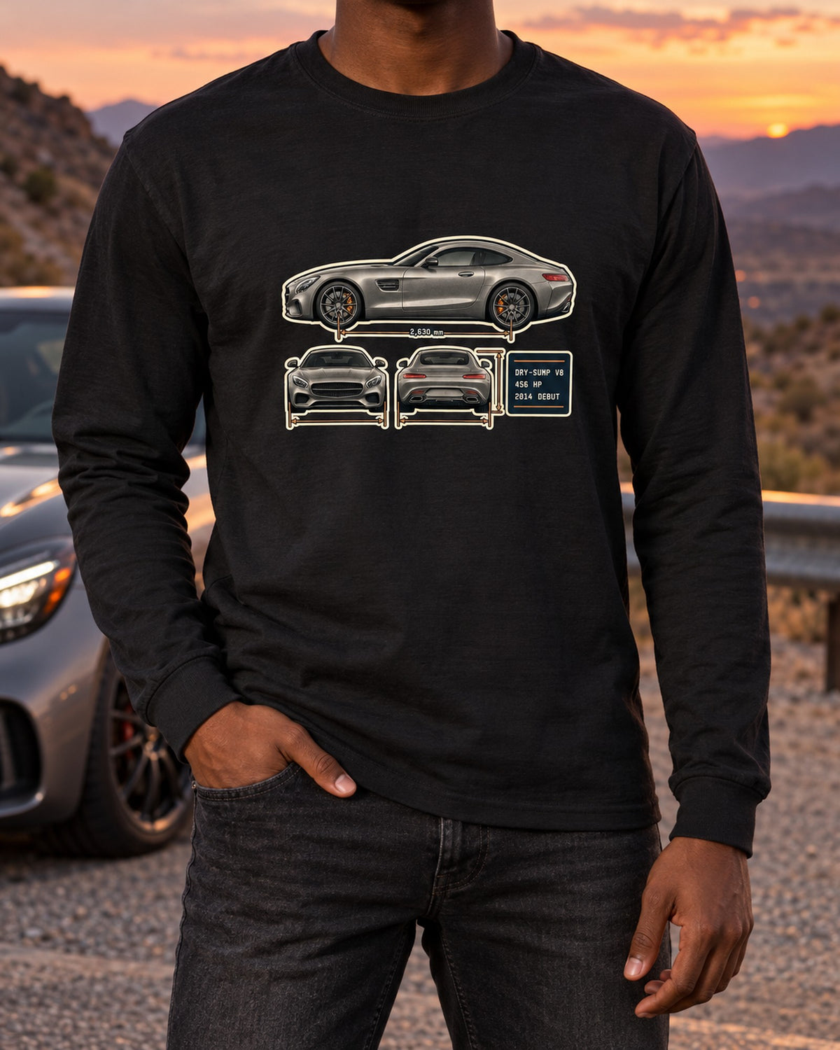 Mercedes-AMG GT C190 Three-View Spec Table Tee, 2014 Debut Long Sleeve Black worn hero