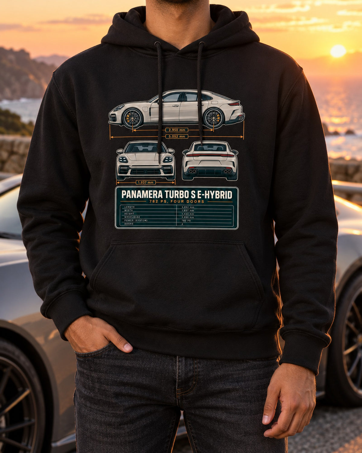 Porsche Panamera Turbo S E-Hybrid G3 Three-View Spec Shirt Pull Over Hoodie Black worn hero