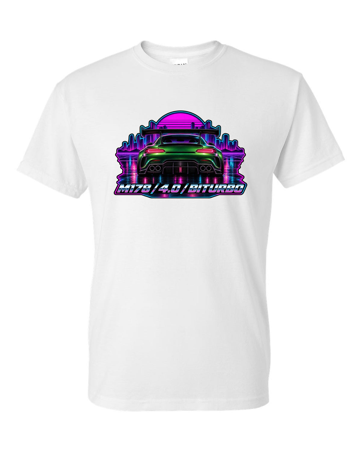 Cyanotype blueprint style engine bay illustration of a Mercedes AMG GT C190 with M178 557 PS text white t-shirt front view with the design