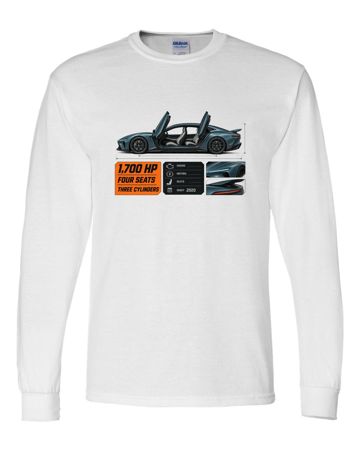 Spec poster of the Koenigsegg Gemera four-seat hypercar, print white long sleeve front view with the design