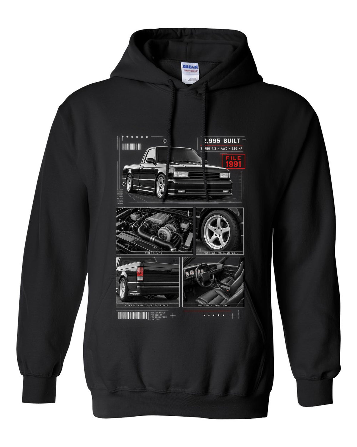 Dossier-style print of a 1991 GMC Syclone with detail panels black pull over hoodie front view with the design