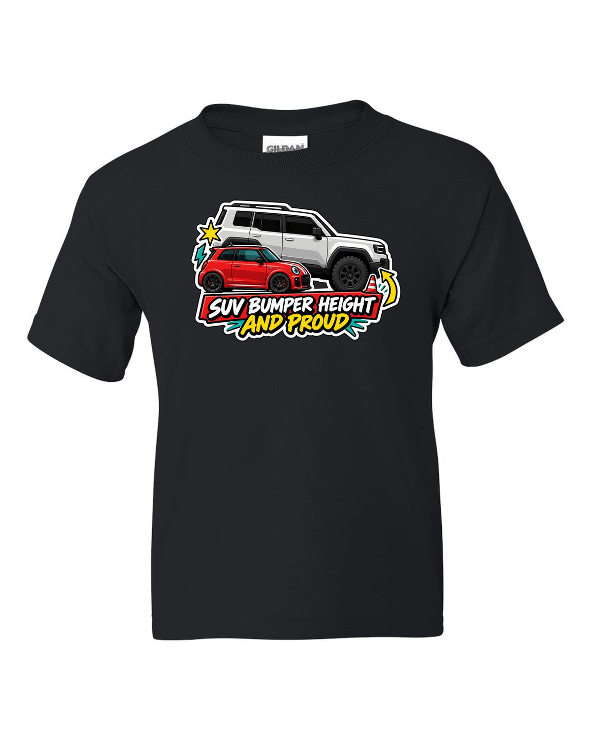 Sticker-bomb collage of a Fiat 500 Abarth with SUV bumper height joke black kids tee front view with the design