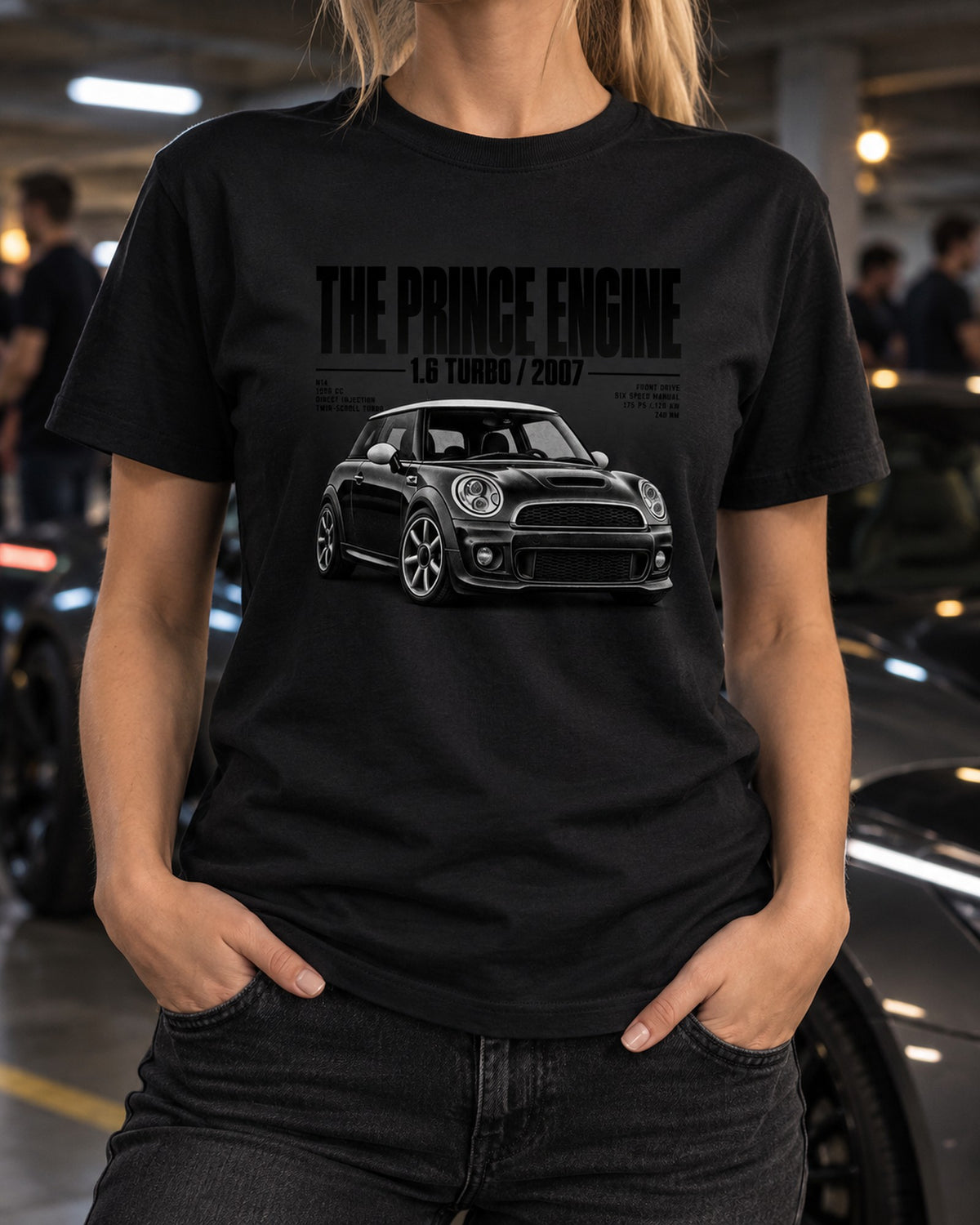 R56 Mini Cooper S Prince Engine Halftone print Tee T-Shirt Black worn hero