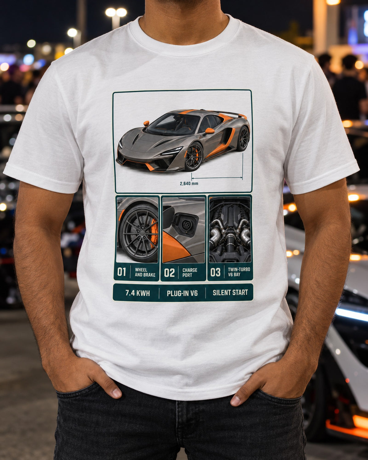 McLaren Artura Dossier Panels Tee, Plug-In V6 Car Shirt T-Shirt White worn hero