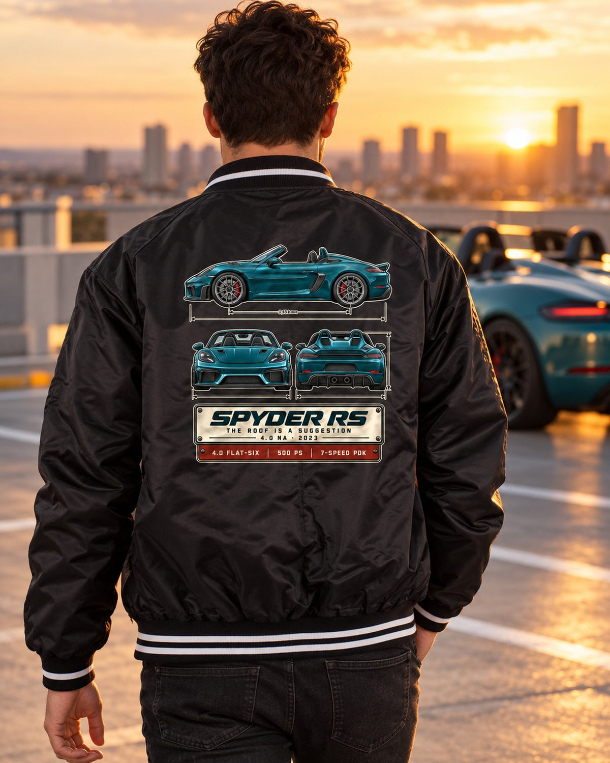Porsche 718 Spyder RS 982 Three-View Spec Shirt, 4.0 NA Bomber Jacket Black worn hero