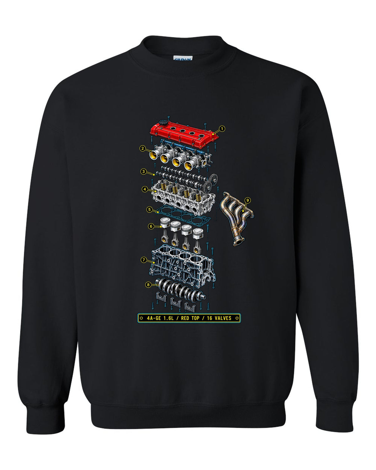 Blueprint exploded diagram of the Toyota AE86 Corolla Levin 4A-GE 1.6L engine black crewneck front view with the design