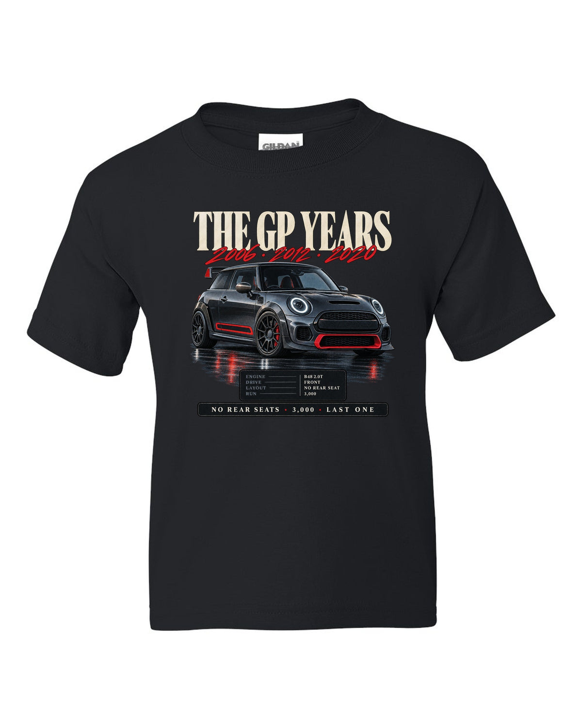 Archive panel print of a Mini Cooper JCW GP F56 with the years 2006, 2012 and 2020 black kids tee front view with the design