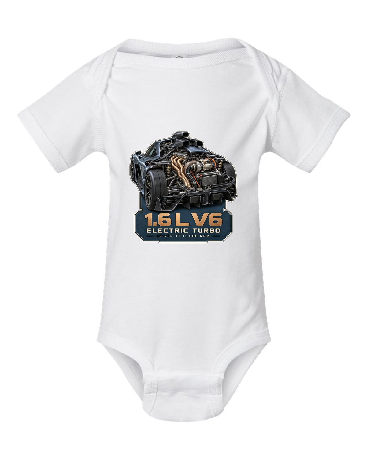 Mercedes-AMG One 1.6 L V6 hybrid power unit engine illustration white baby onesie front view with the design