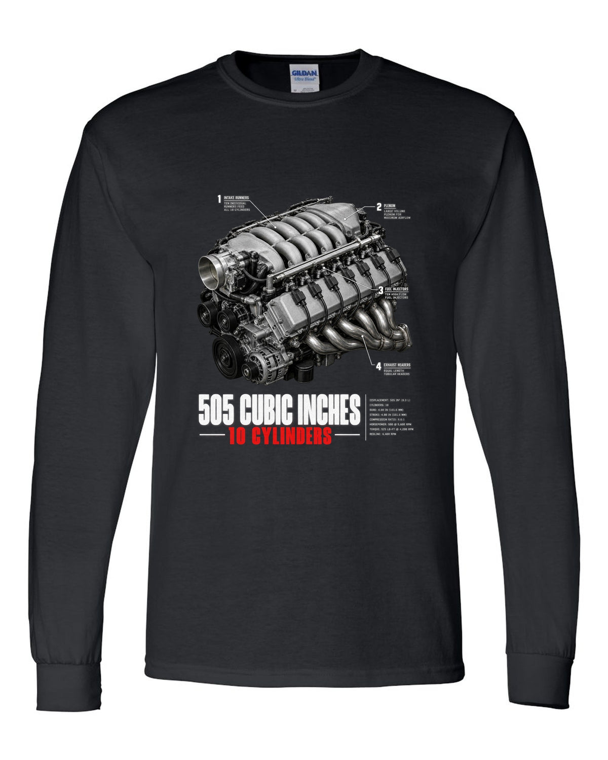 Dodge Viper SRT-10 ZB I 8.3L V10 engine hero print with 505 cubic inches lettering black long sleeve front view with the design
