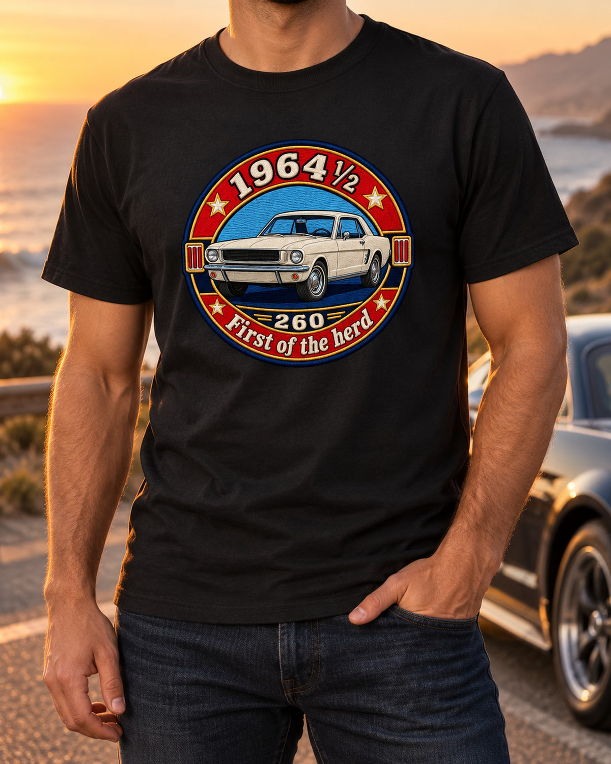 1964½ Ford Mustang Coupe 260 Varsity Crest, First Pony Shirt T-Shirt Black worn hero