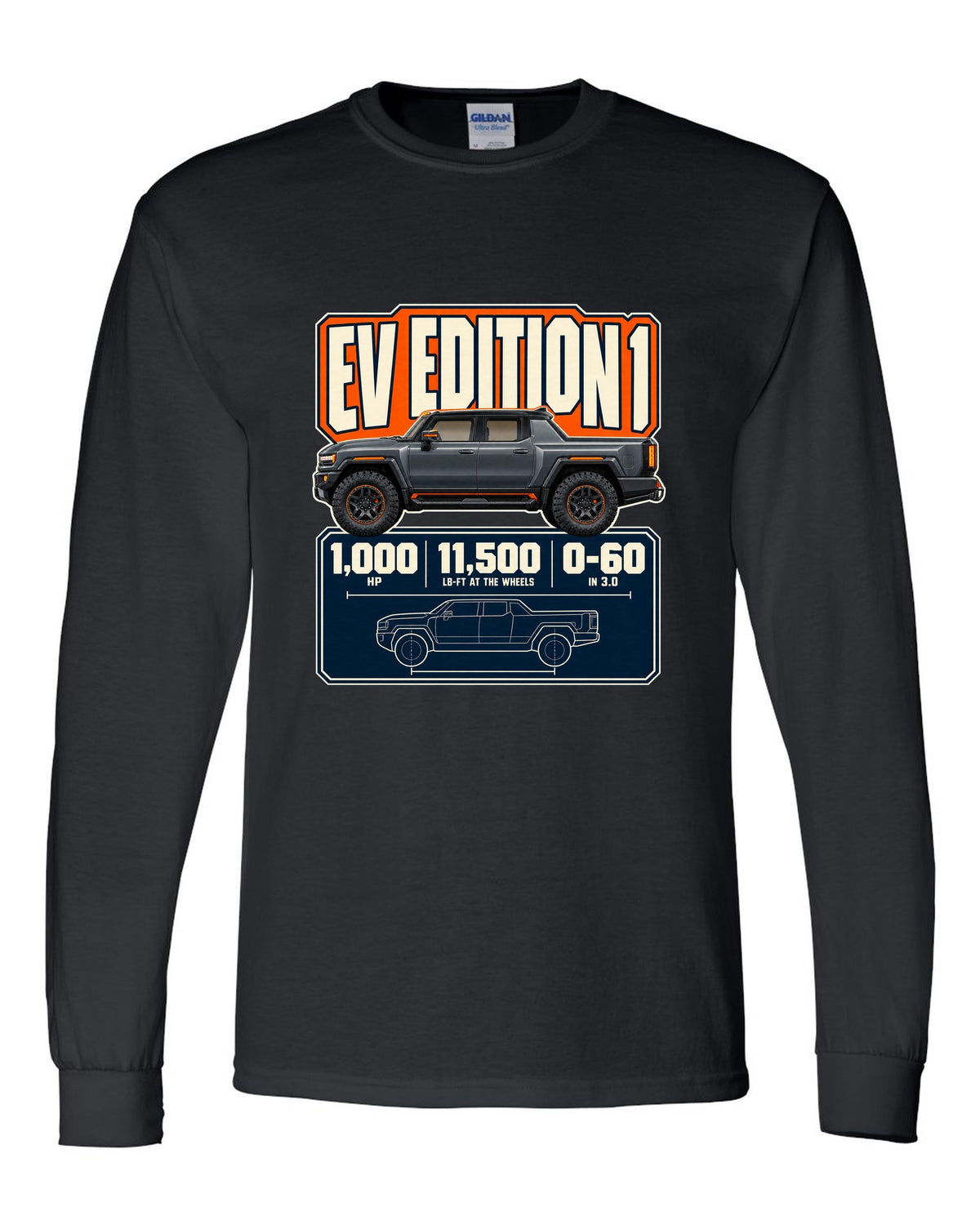 Spec poster print of the Hummer EV Edition 1 with horsepower and torque figures black long sleeve front view with the design