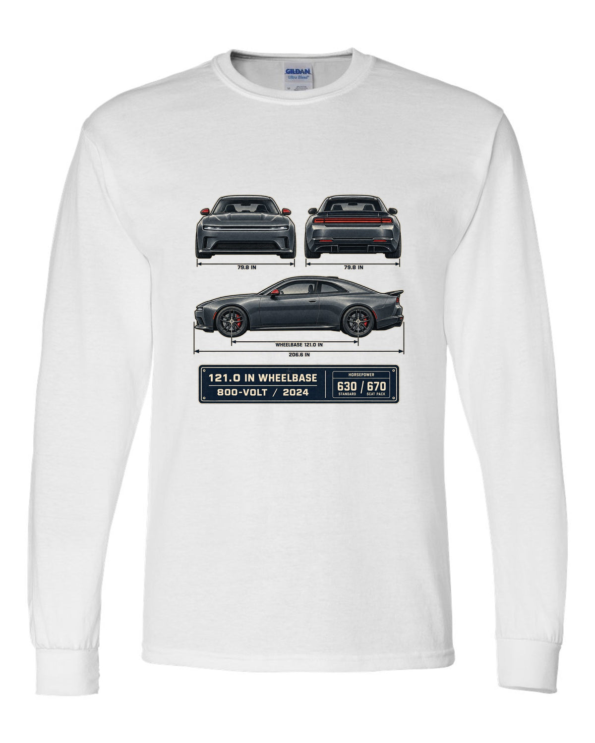 Dodge Charger Daytona Scat Pack 2024 dimension blueprint print white long sleeve front view with the design