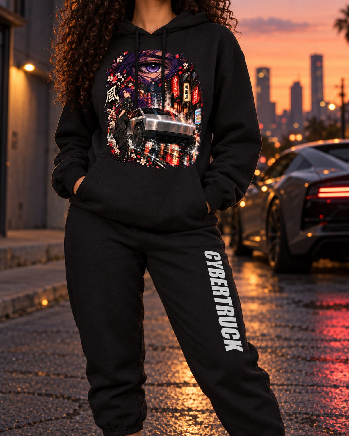 Tesla Cybertruck Anime Girl Hoodie + Jogger Set Black worn hero