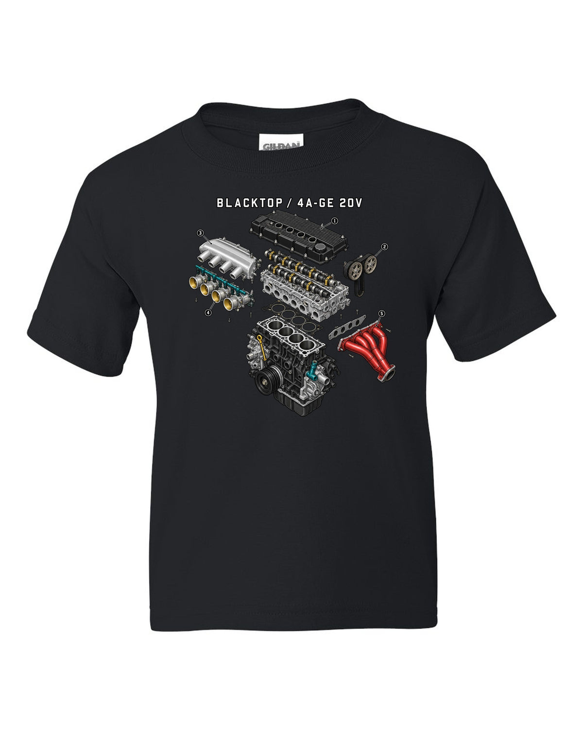 Exploded engine diagram of the blacktop 4A-GE 20V for the Toyota Corolla AE111 black kids tee front view with the design