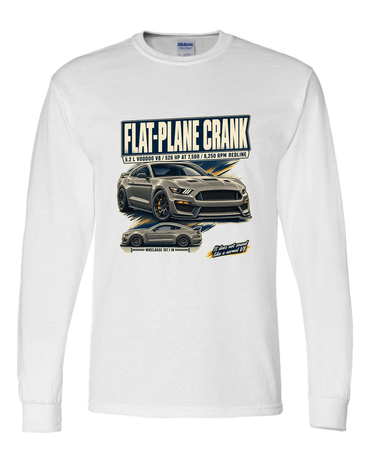 Ford Mustang S550 Shelby GT350 editorial headline print about the flat-plane crank V8 white long sleeve front view with the design