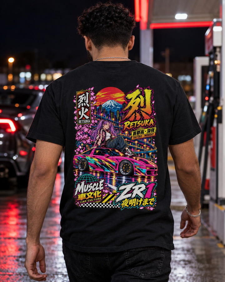 RETSUKA ZR1 Anime Girl Full-Back Graphic Tee T-Shirt Black worn hero