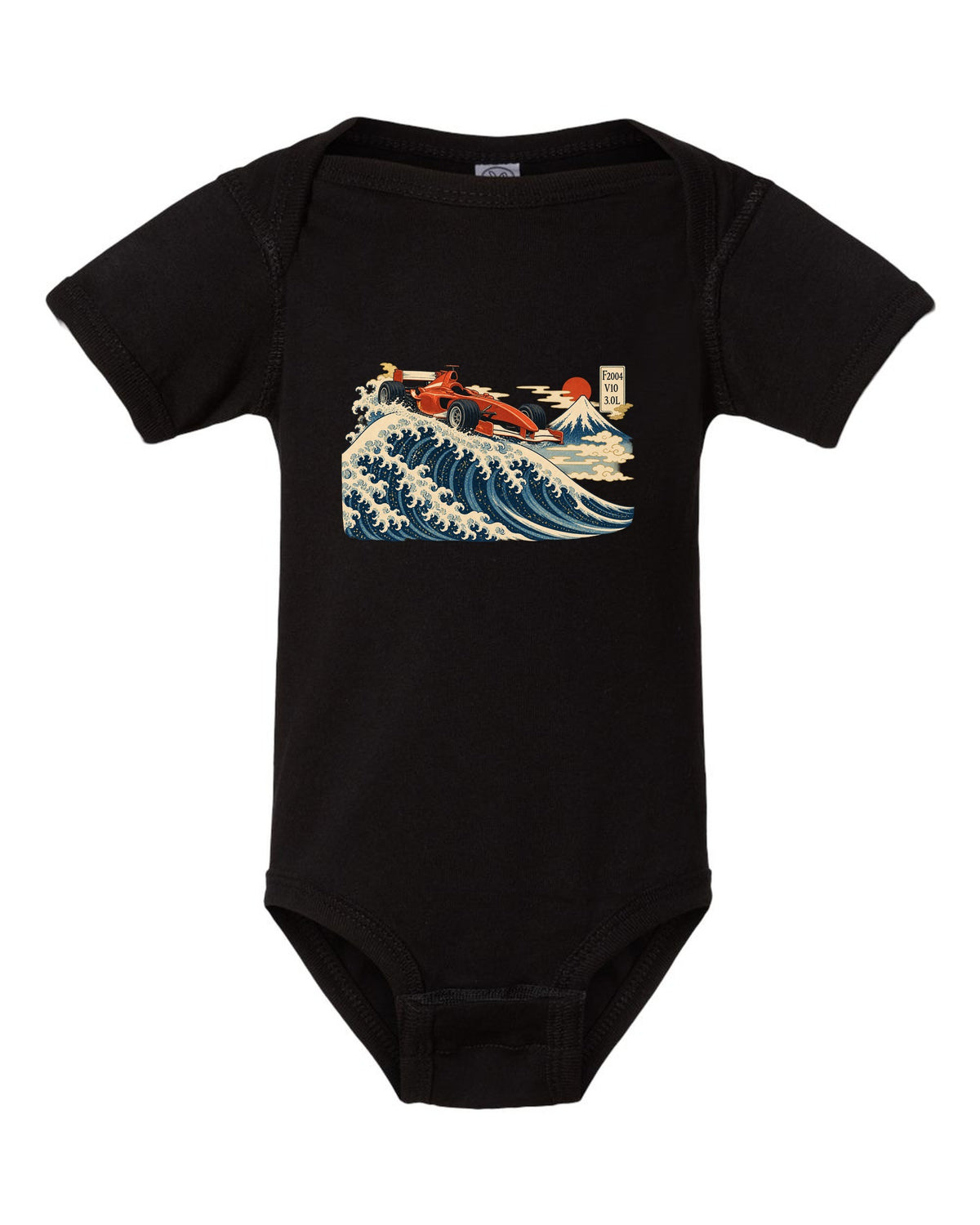 Woodblock print style Ferrari F2004 Formula 1 car in front of a wave with V10 lettering black baby onesie front view with the design