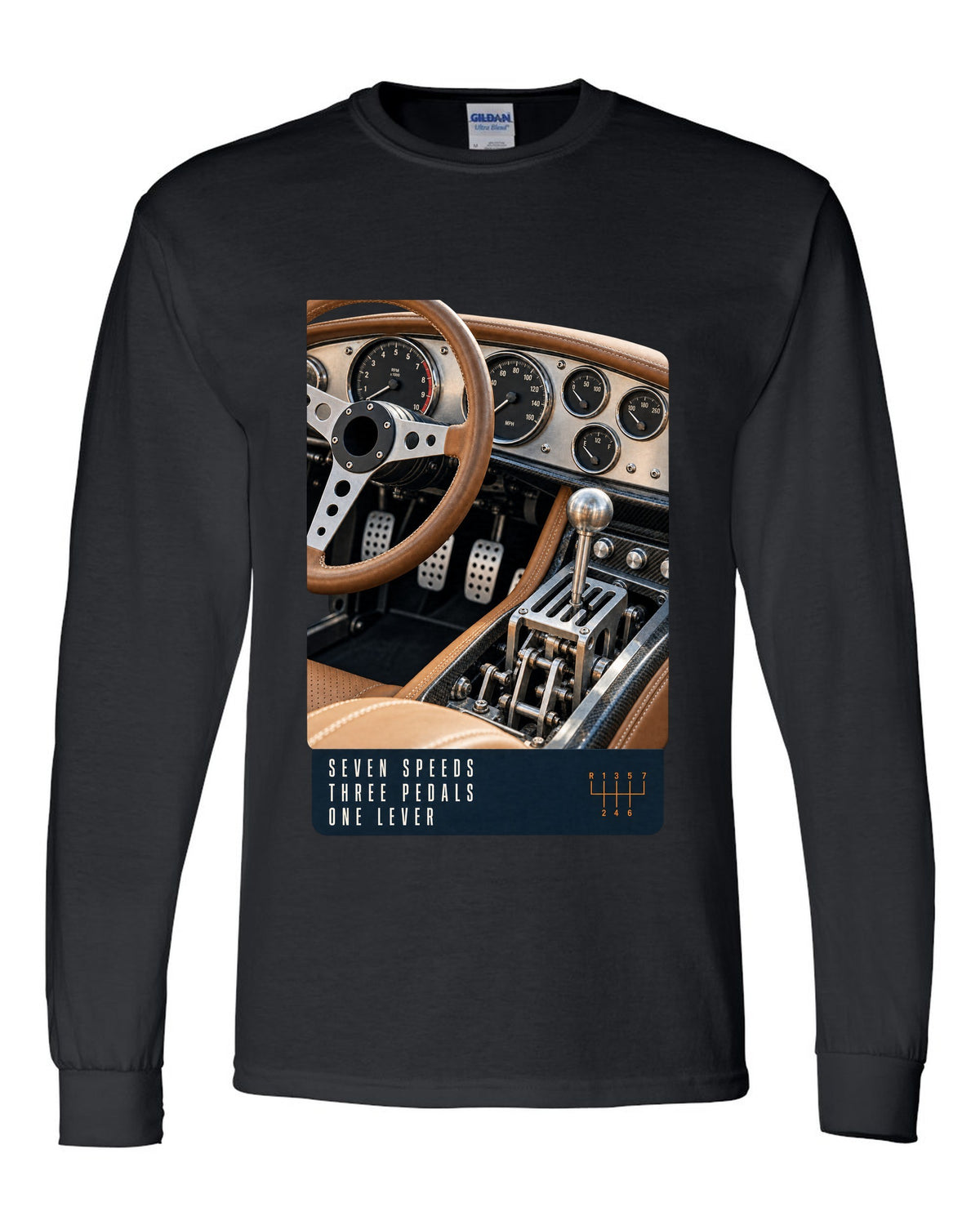 print of the Pagani Utopia manual cockpit and gated shifter black long sleeve front view with the design