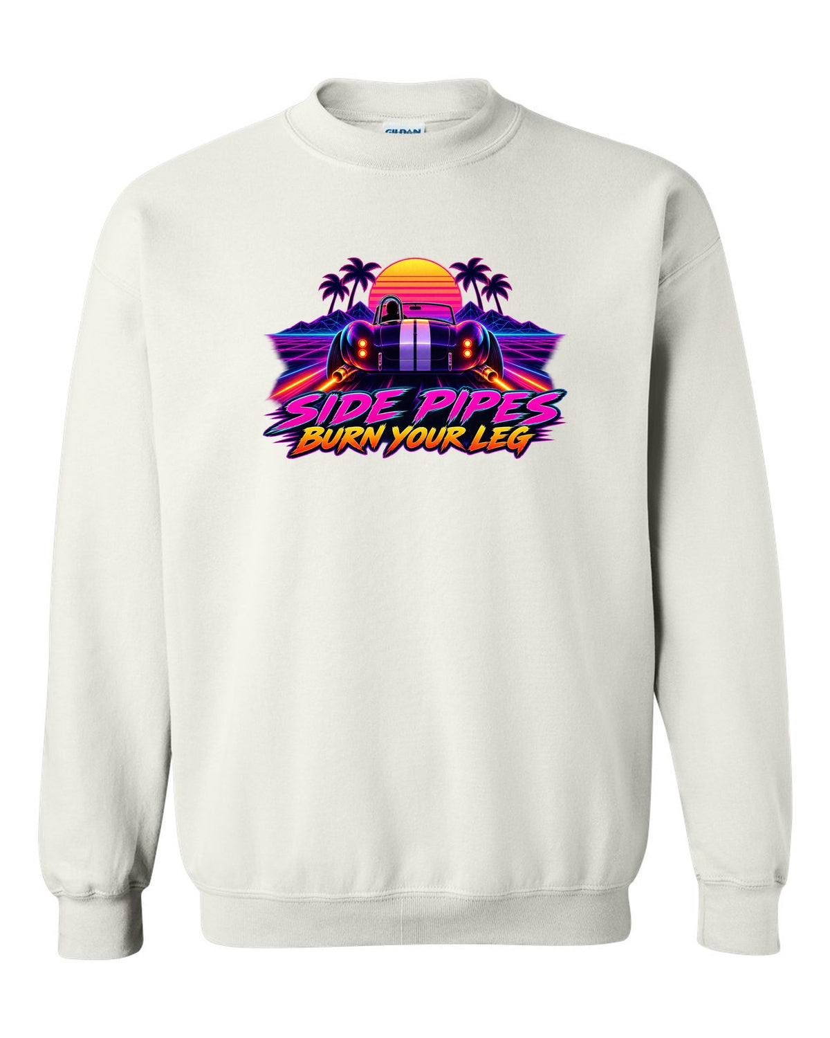 Shelby Cobra 427 Side Pipes Synthwave Outrun white crewneck front view with the design
