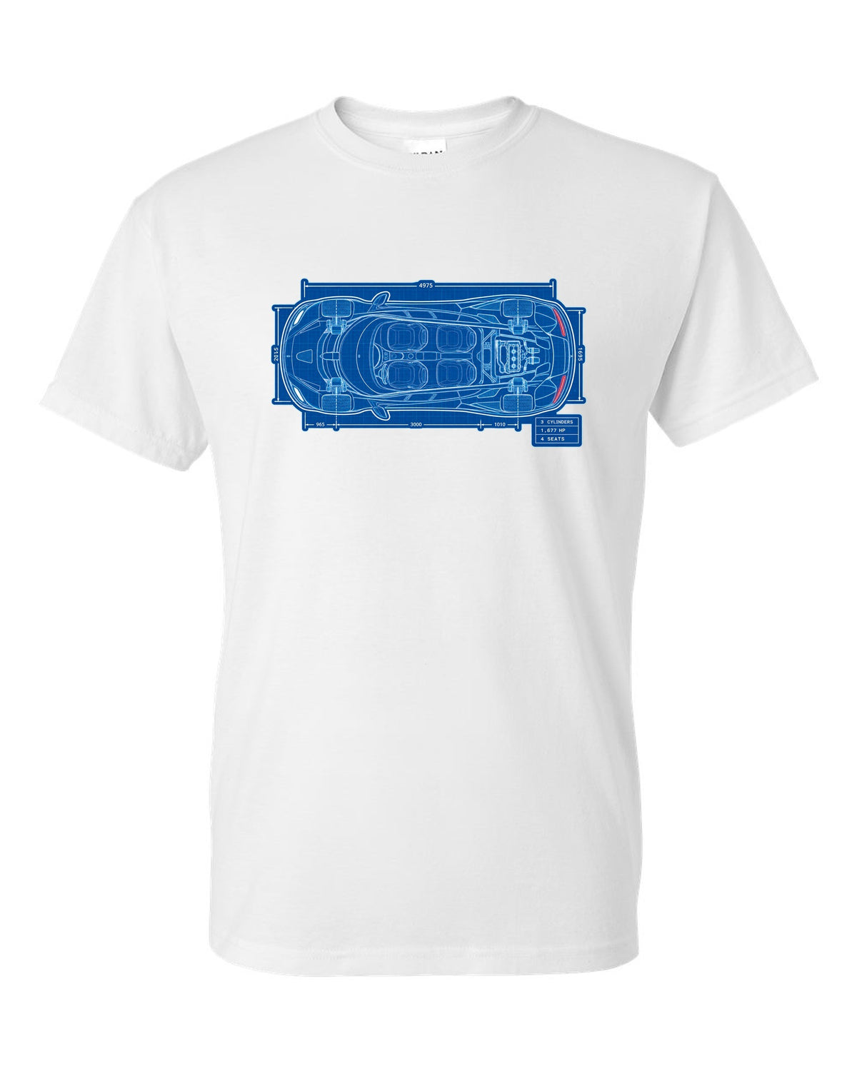 Technical blueprint print of the Koenigsegg Gemera seen from above with 3 cylinders and 4 seats lettering white t-shirt front view with the design