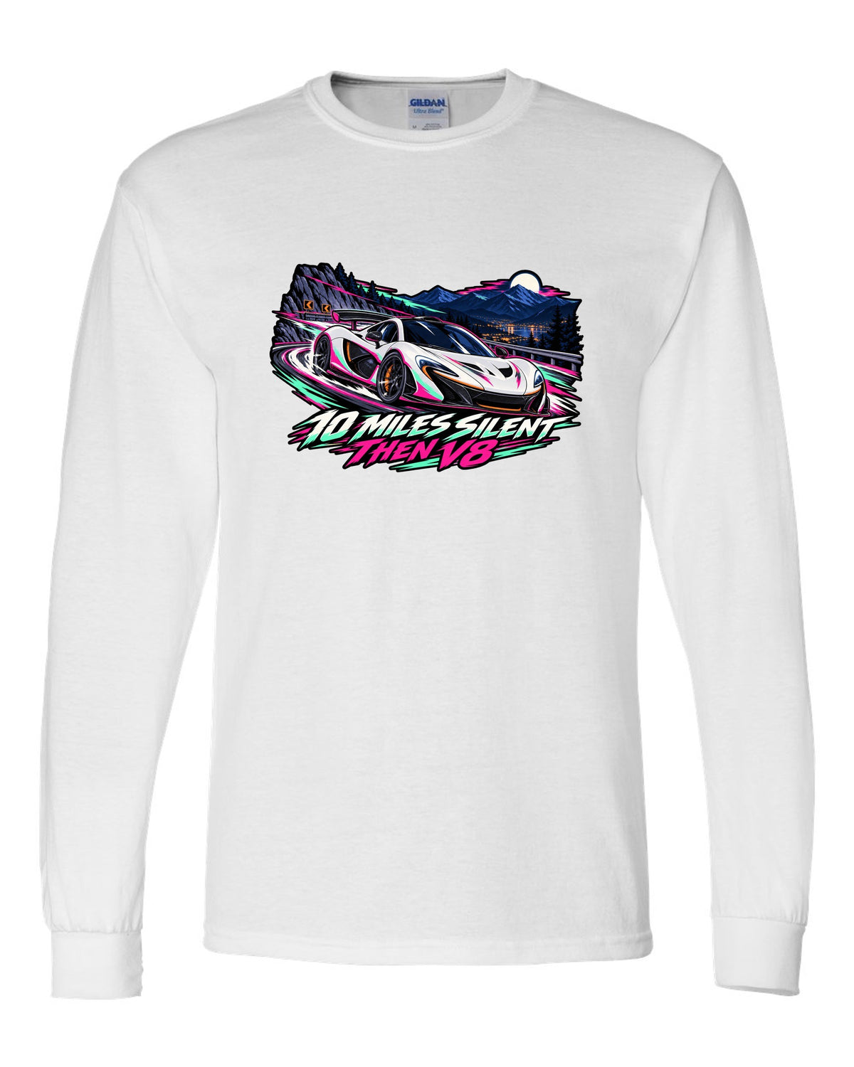 Cel-shaded anime night touge print of a McLaren P1 with 10 Miles Silent Then V8 lettering white long sleeve front view with the design