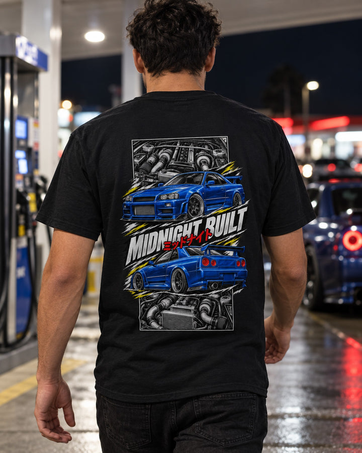 Nissan Skyline GT-R R34 Torn Poster Full-Back Graphic Tee T-Shirt Black worn hero