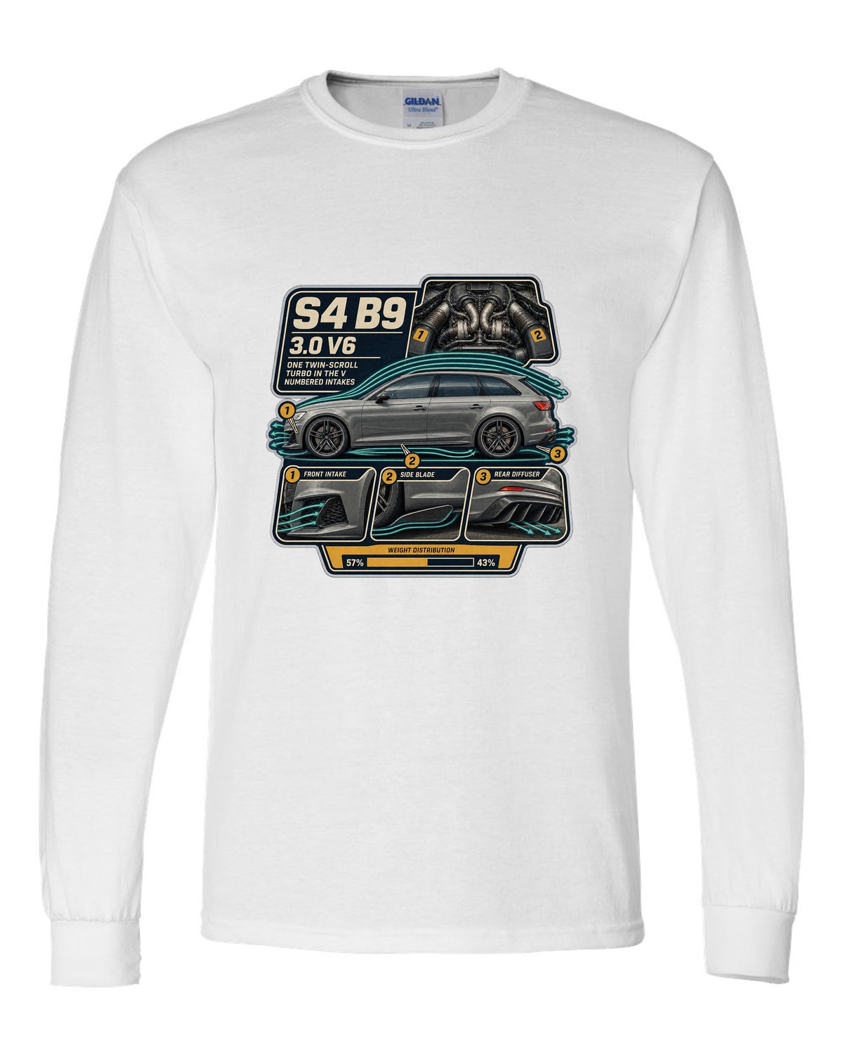 Audi S4 Avant B9 airflow cutaway with numbered intake callouts print white long sleeve front view with the design