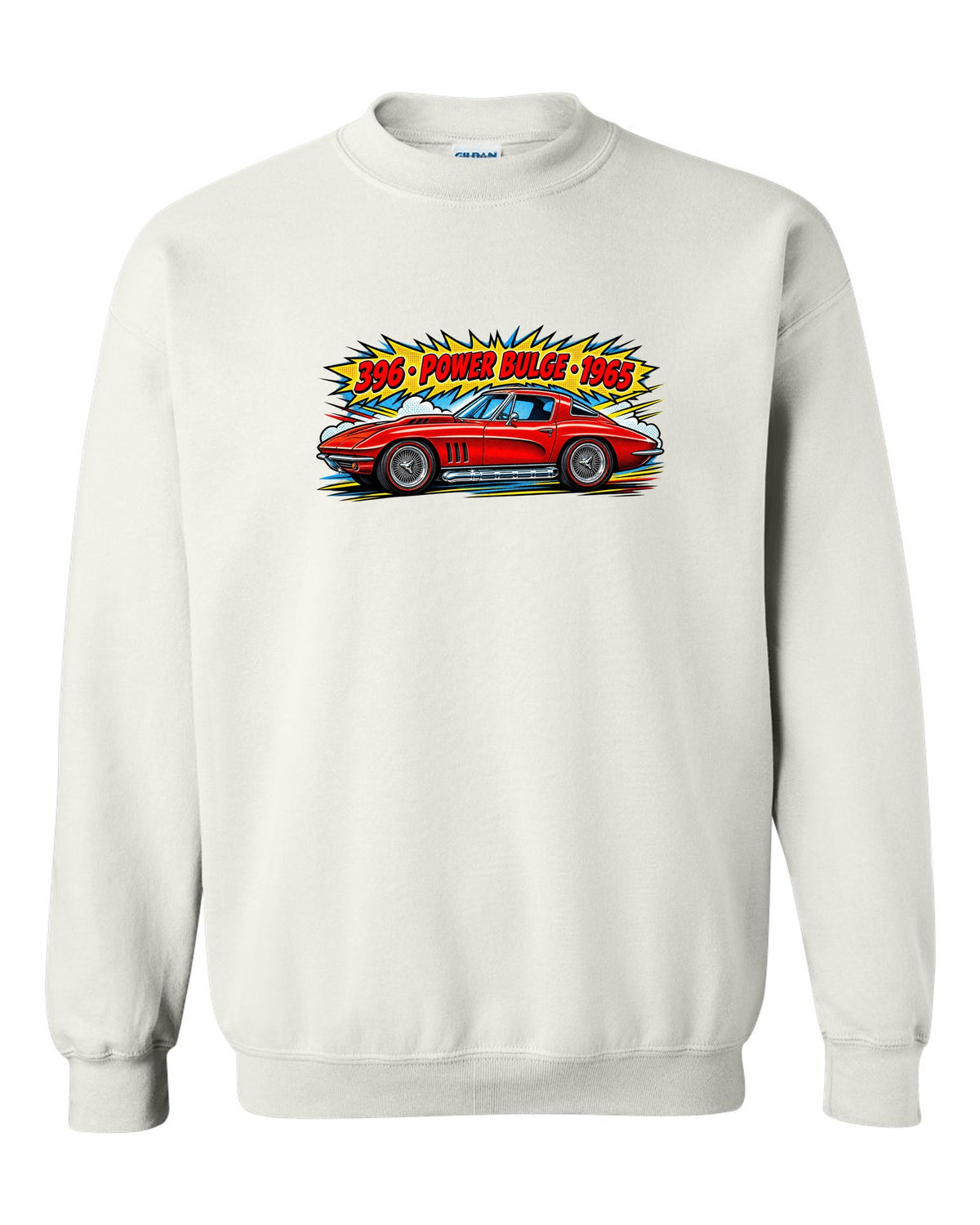 1965 Corvette C2 Sting Ray Side Pipe Comic white crewneck front view with the design