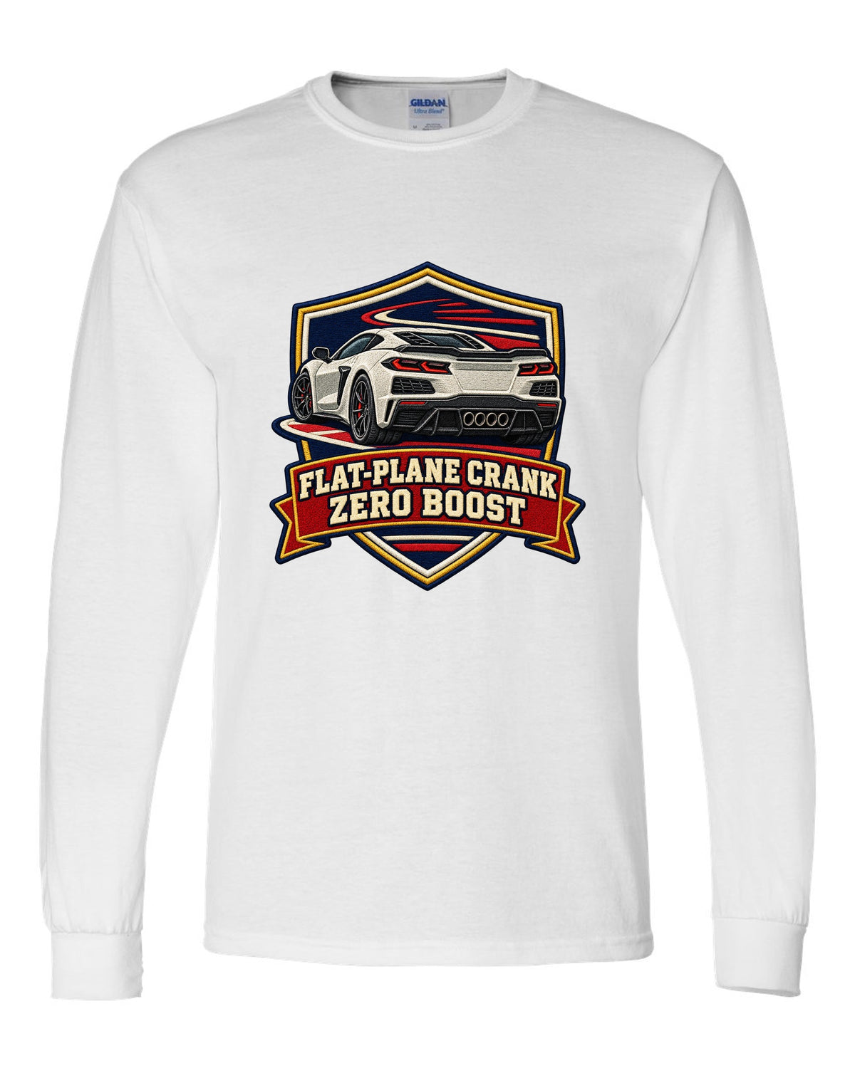 Graffiti street stencil of a 2019 C7 ZR1 Corvette with supercharger window on a wall white long sleeve front view with the design