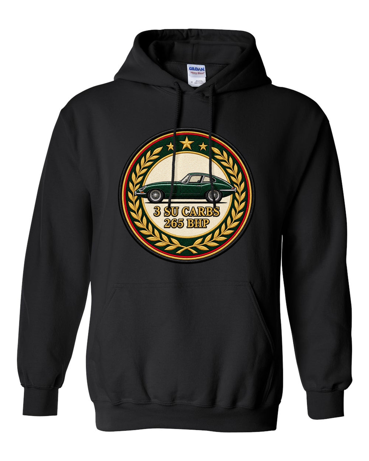 Varsity embroidery-style long bonnet print for the 1961 Jaguar E-Type Series 1 with 3 SU carbs and 265 bhp lettering black pull over hoodie front view with the design