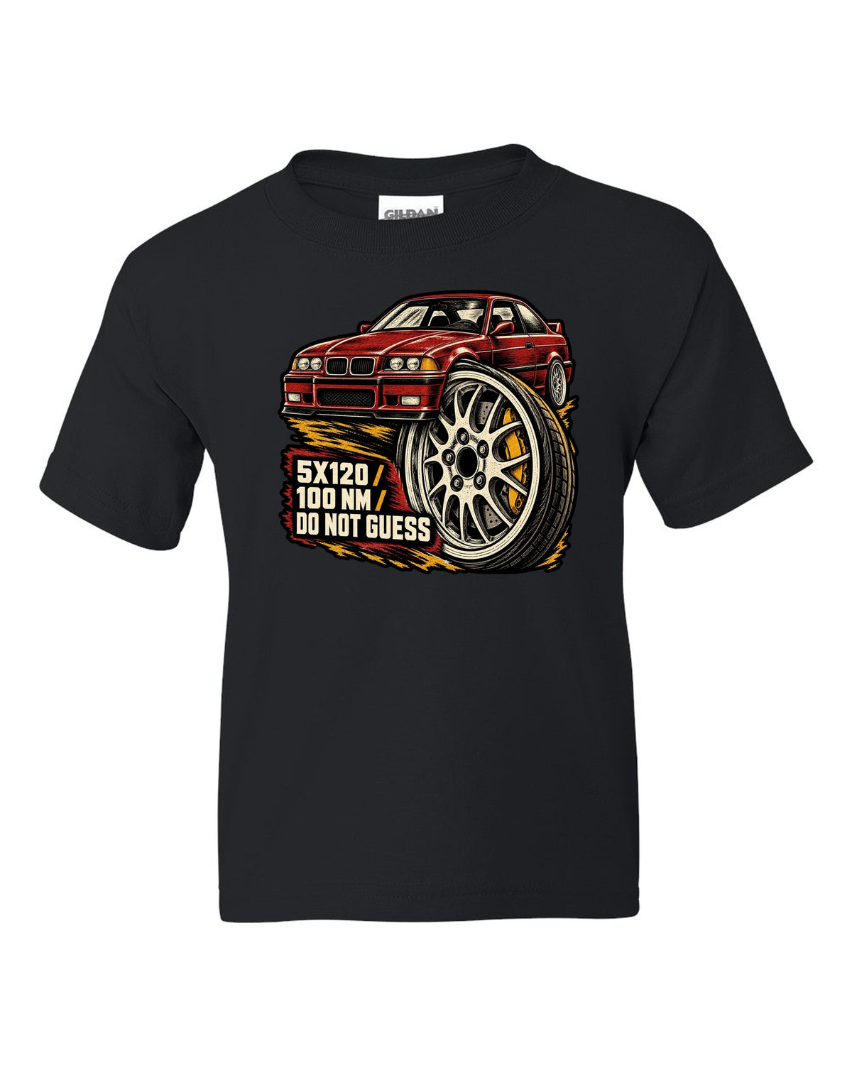 Linocut woodcut lug nut design for a BMW E36 M3 coupe with 5x120 and 100 Nm text black kids tee front view with the design